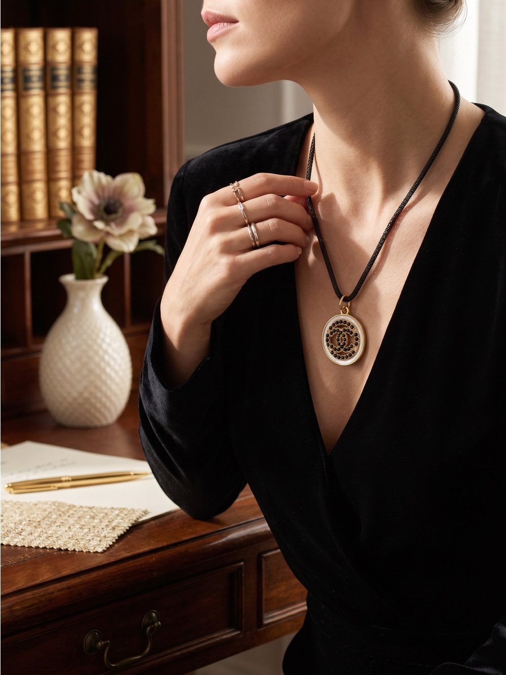CHANEL/ black & white Gold-Tone Filigree Medallion Necklace on a Black chain